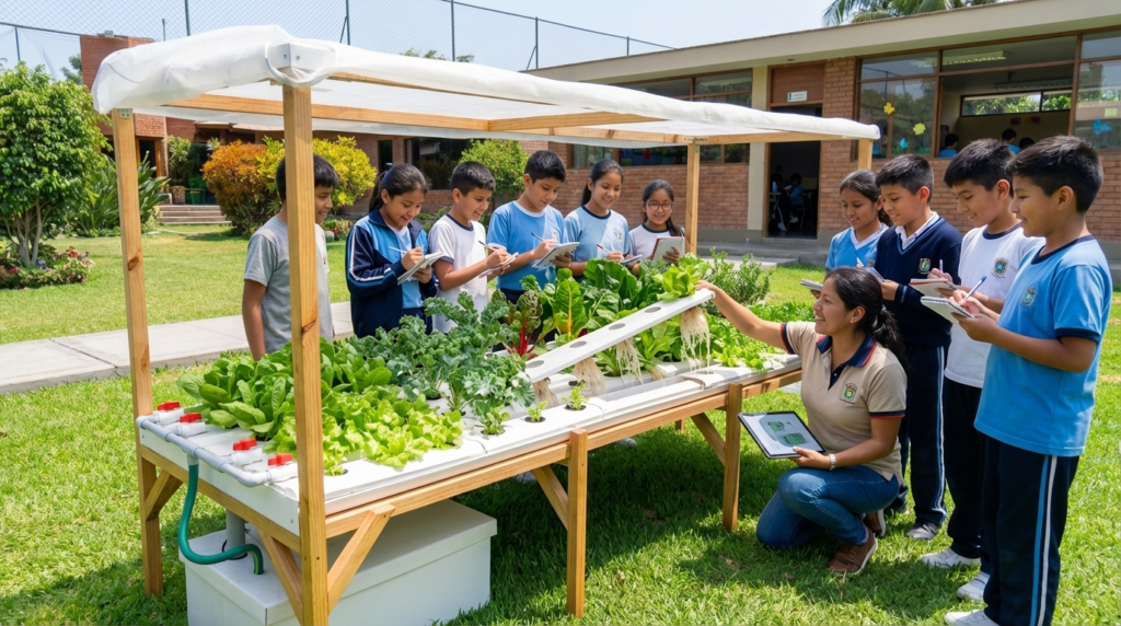 profesor mostrando hidrohuerto cama a alumnos